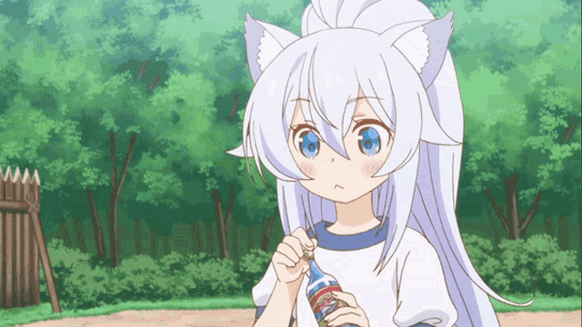 a girl with a cat ear is holding a bottle of soda