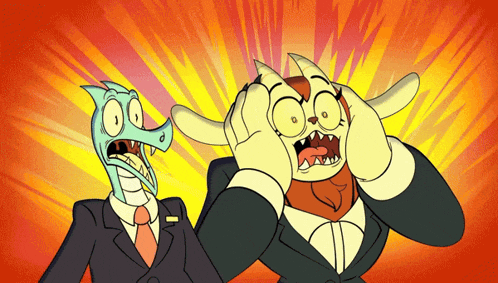 a cartoon of a dragon and a man with horns covering their faces with their hands