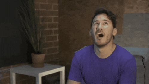 a man in a purple shirt is sitting in front of a plant