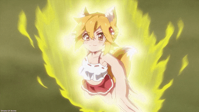 a girl with a fox tail is surrounded by yellow flames and says omake gif anime at the bottom