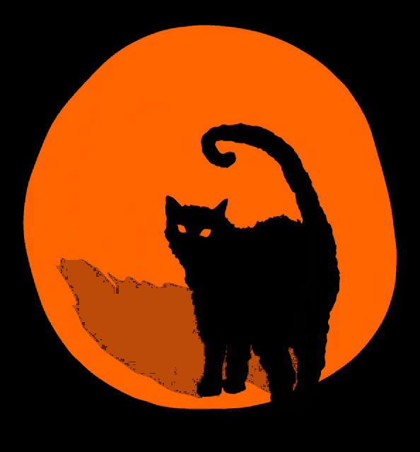 a black cat is silhouetted against a full orange moon