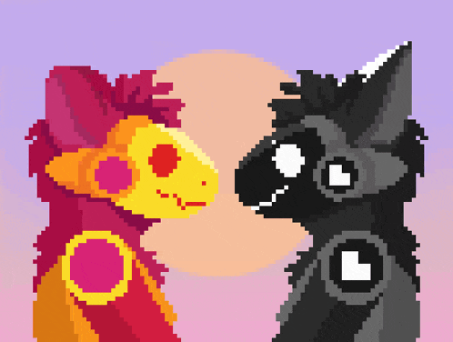 a pixel art of two animals looking at each other with a sunset in the background