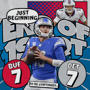 a football player is holding a ball in front of a sign that says just beginning end of first
