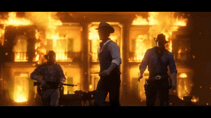 three men in cowboy hats stand in front of a burning building