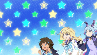 three anime girls standing in front of a blue sky with stars