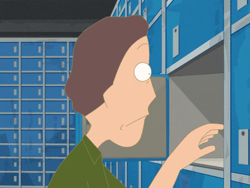 a cartoon of a man looking at a locker