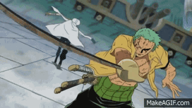 a man with green hair and a yellow shirt is holding a sword while another man stands behind him .