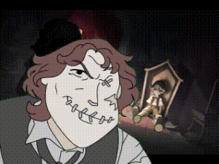 a cartoon of a man with a stitched face is standing in a dark room .