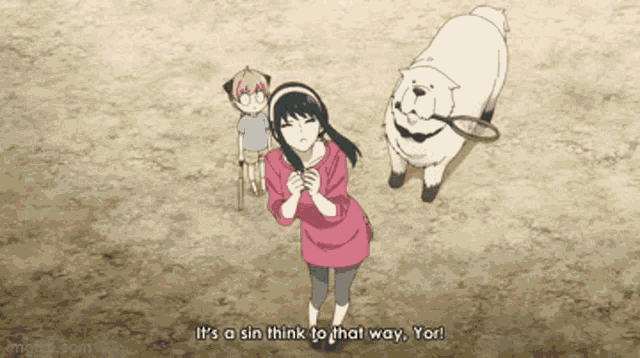 a woman standing next to a dog that says " it 's a sin think to that way yor ! "