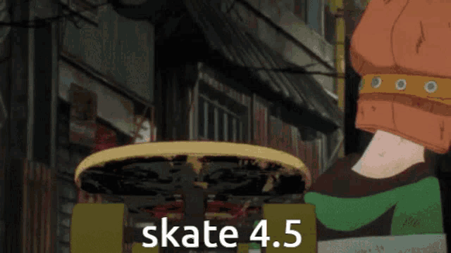 a person standing on a skateboard with the words skate 4.5 written on the bottom