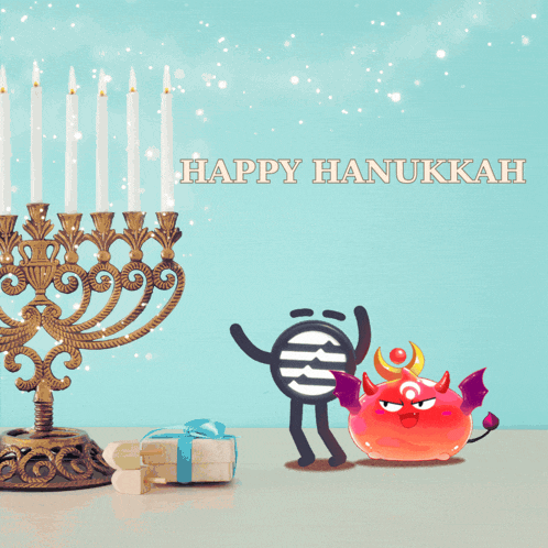 a happy hanukkah card with a menorah and a devil