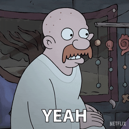 a cartoon man with a mustache says yeah