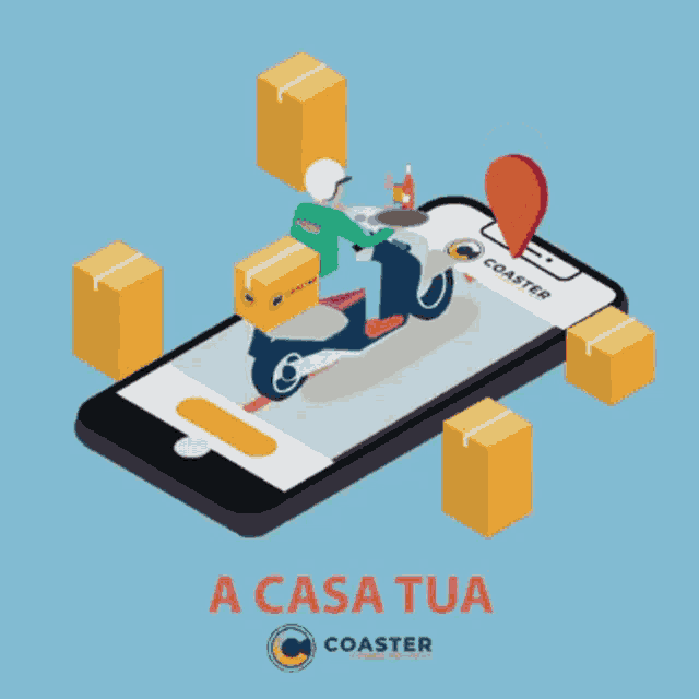 an isometric illustration of a person riding a scooter with boxes on a coaster app