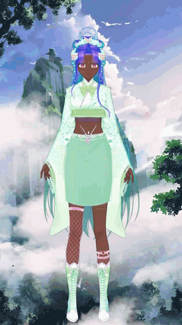 a girl with purple hair is standing in the clouds