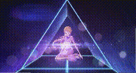 a person is sitting inside of a pyramid with a glowing light coming out of it .
