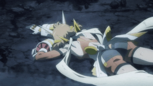 a female anime character is laying on the ground with a sword in her hand