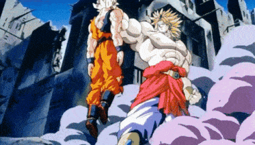 a cartoon drawing of goku and broly fighting each other