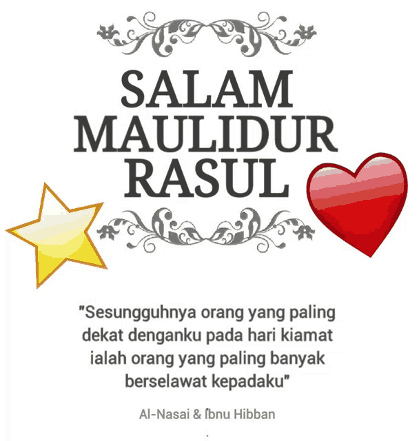 a poster that says " salam maulidur rasul " with a star and a heart