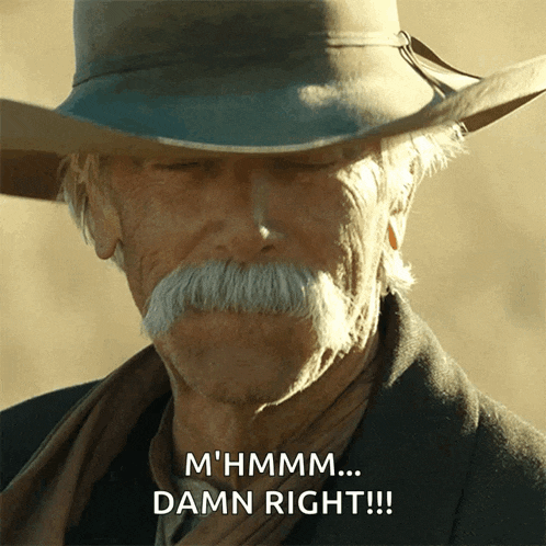 a man with a cowboy hat and a mustache says m'hmmm ... damn right