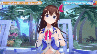 a girl in a blue dress is standing in front of a palm tree .