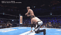 two men are wrestling in a ring and one of them is kneeling