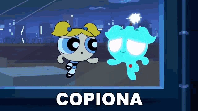 bubbles from the powerpuff girls is standing next to a blue cartoon character called copiona