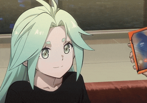 a girl with green hair is holding a cell phone that says ' a ' on it