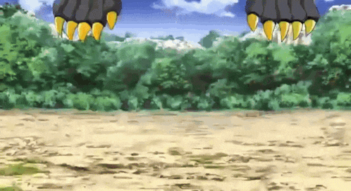 a cartoon drawing of a monster 's claws flying over a field .