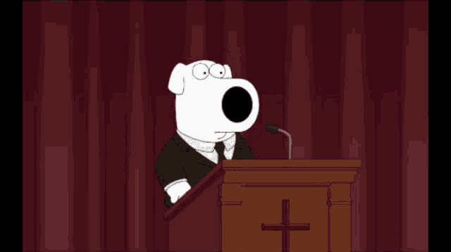 a cartoon of a man giving a speech with a cross on the podium