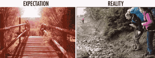 a picture of a bridge next to a picture of a person looking at the ground