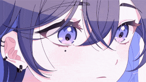 a close up of a person 's face with purple hair and blue eyes