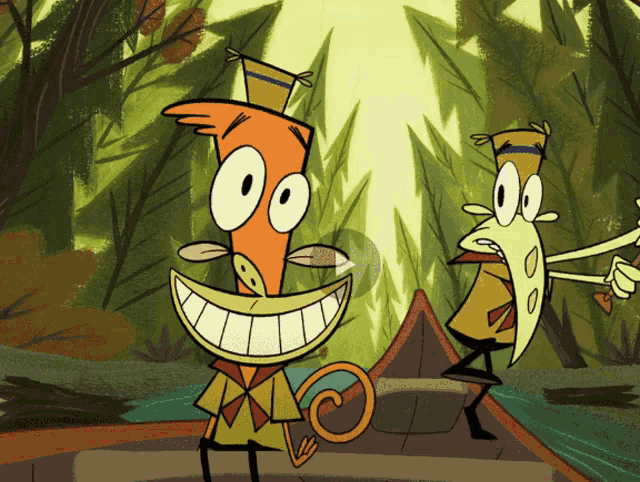 two cartoon characters are standing next to each other
