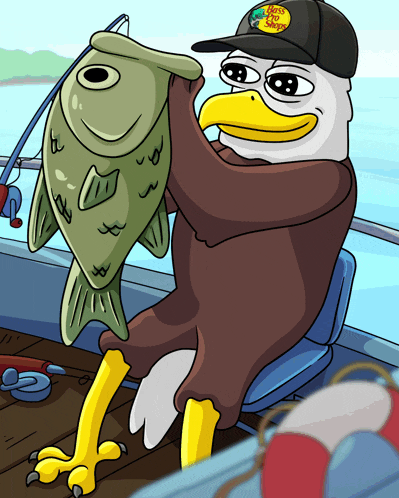 a bald eagle wearing a bass pro shop hat holds a large fish