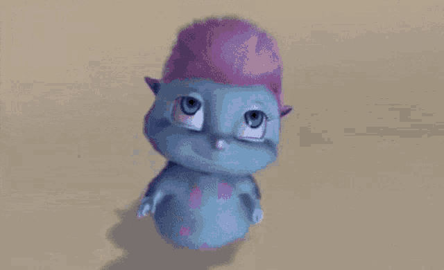 a blue and pink cartoon character with blue eyes and pink hair is standing on a beige surface .