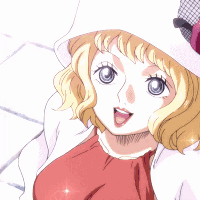 a girl with blonde hair wearing a white hat and a red shirt