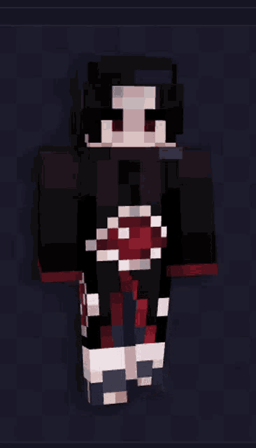 a minecraft character is wearing a black cape with a red circle on it .