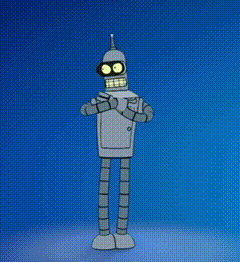 bender from futurama standing on a blue background