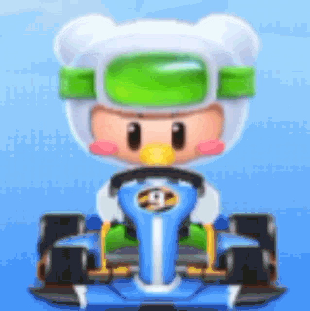a cartoon character is driving a blue kart with a green helmet on .