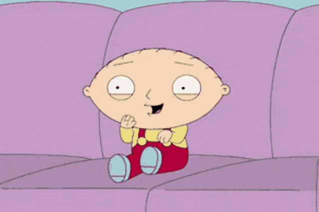 a cartoon character is sitting on a purple couch and smiling