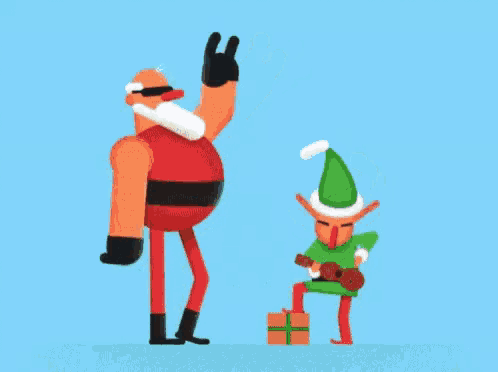 a cartoon of santa claus and an elf standing next to each other on a blue background