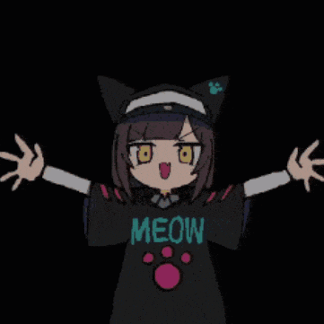 a girl with cat ears is wearing a meow t-shirt
