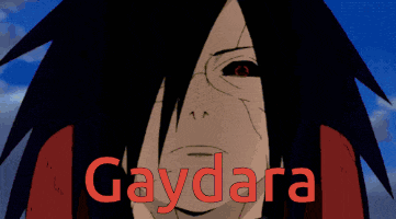 a close up of a person 's face with the word gaydara written in red