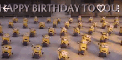 a bunch of minions are dancing in a room with the words happy birthday to you