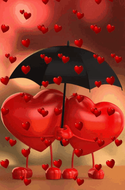 a couple of hearts holding an umbrella surrounded by red hearts