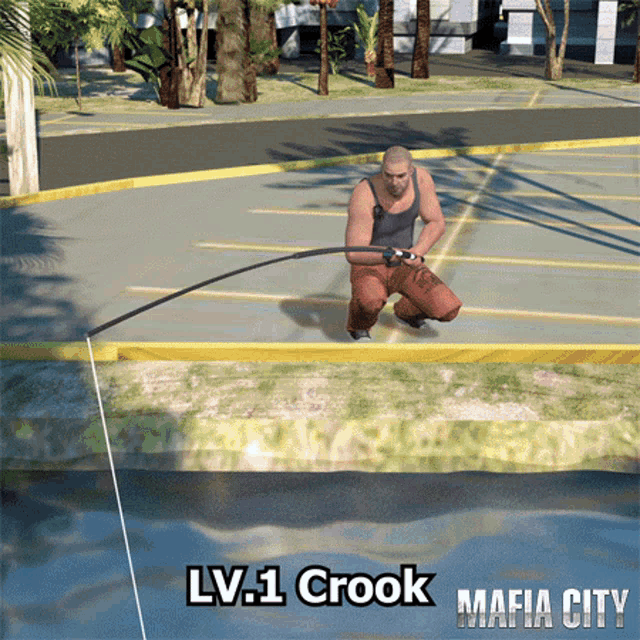 a man is fishing in a video game called mafia city lv.1 crook