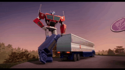 a robot is standing next to a truck with a sign in the background that says ' purple donut shop '