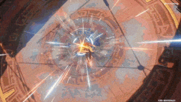 a person is standing in a circle in a video game with a bunch of lights coming out of it .
