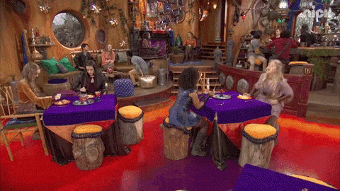 a group of people are sitting at tables in a restaurant