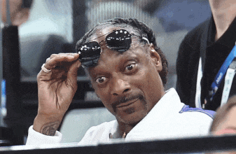 snoop dogg adjusts his sunglasses while sitting in a stadium