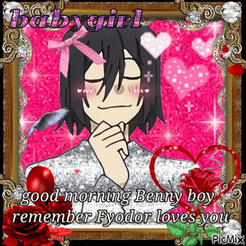 a picture of a boy with a pink bow on his head and the words good morning benny boy remember fyodor loves you